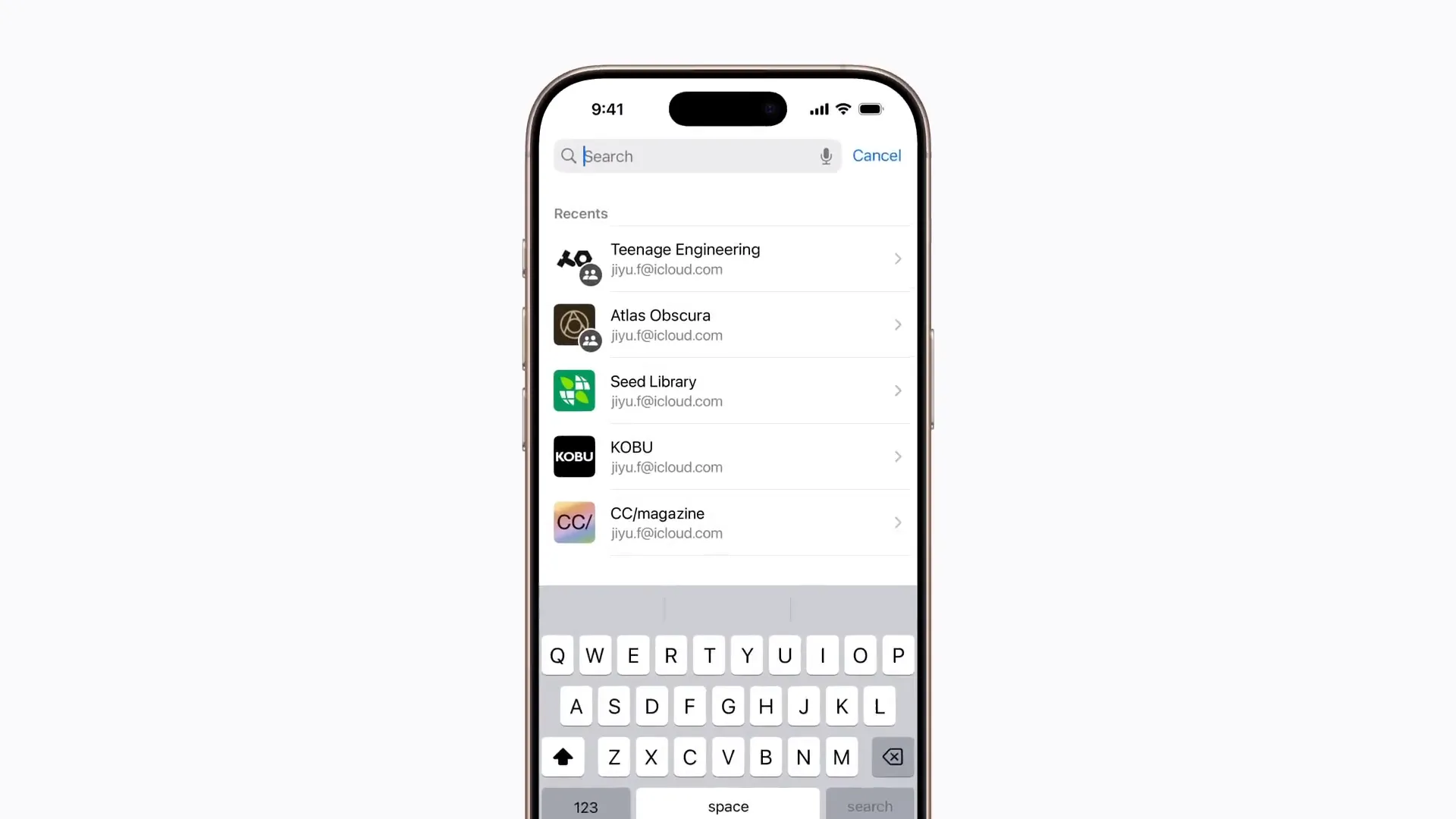 صفحه جستجو در برنامه Passwords