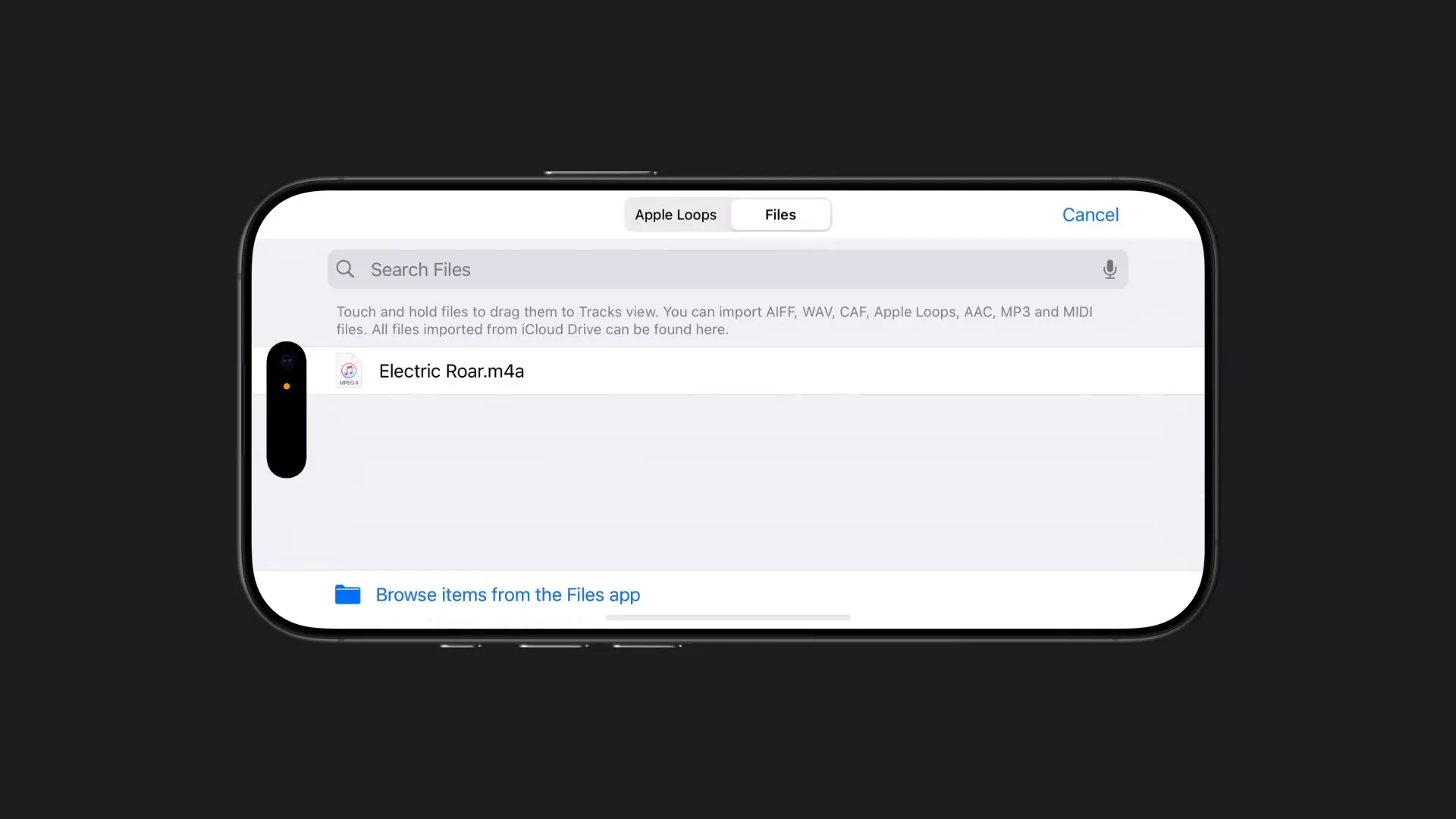 نمایی از بخش Loops Browser در GarageBand و تب Files