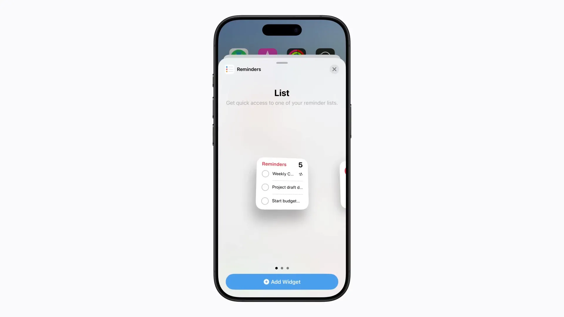 انتخاب ویجت یادآورها برای افزودن به صفحه اصلی
