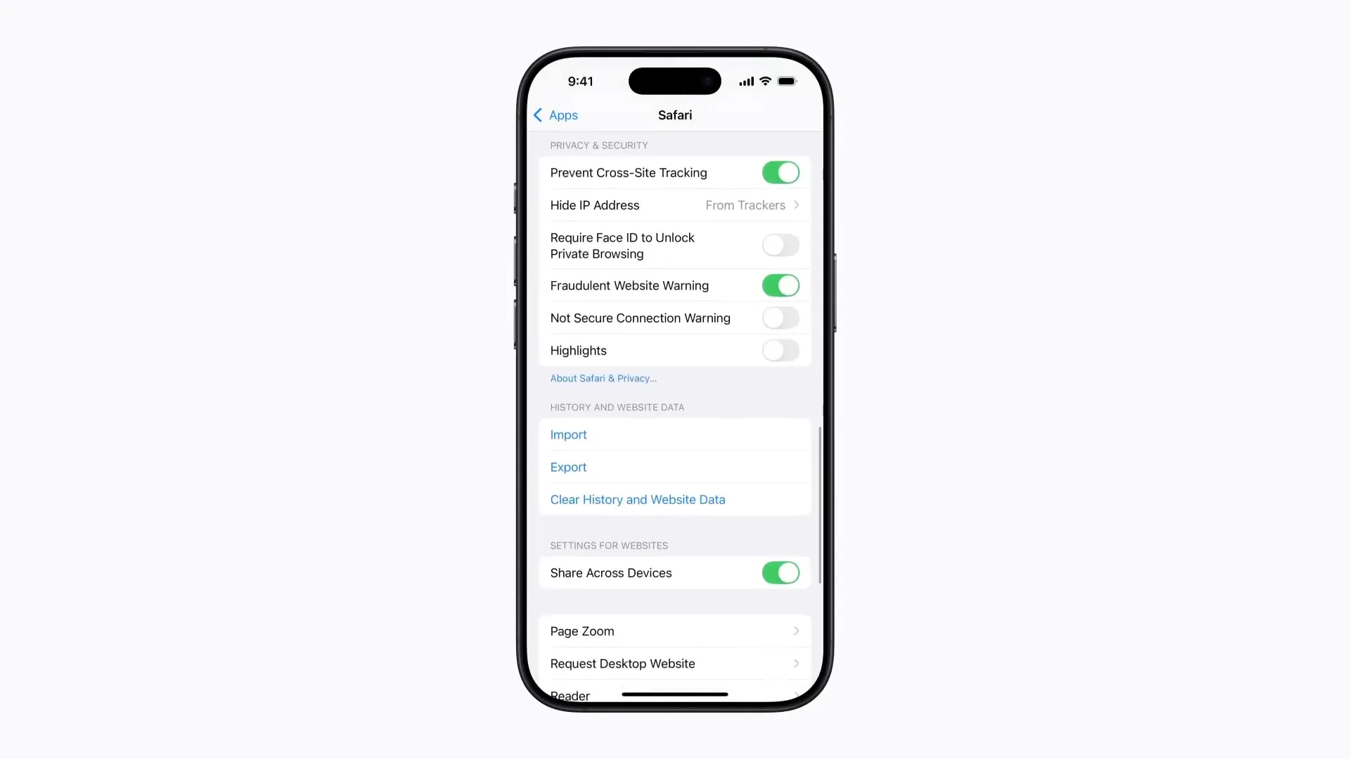 نمایی از گزینه Clear History and Website Data در تنظیمات Safari