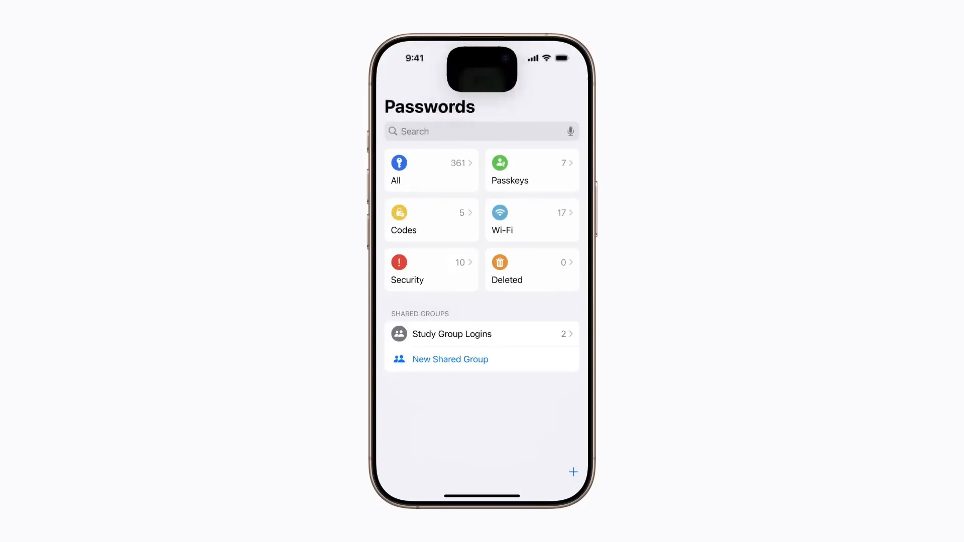صفحه اصلی برنامه Passwords در iOS 18