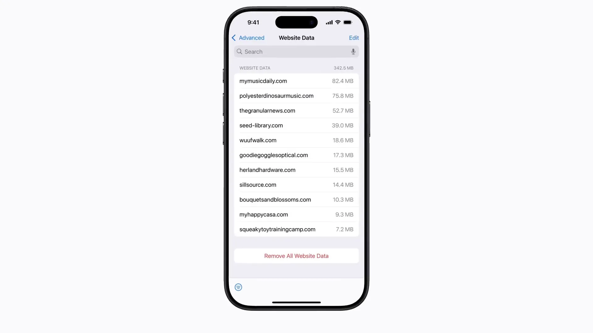 صفحه Advanced در تنظیمات Safari برای پاک کردن دادههای وبسایت