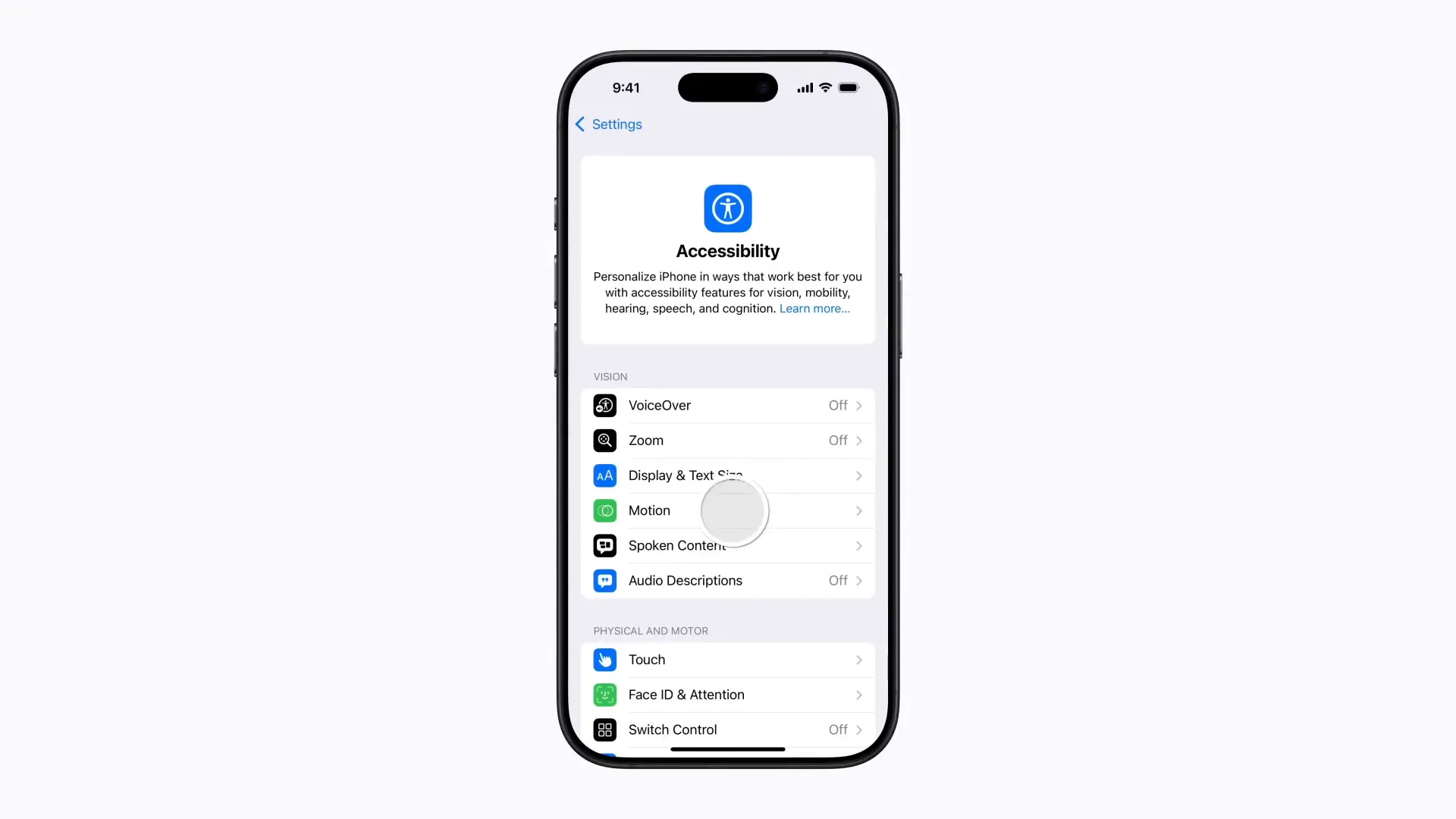 صفحه تنظیمات Accessibility در iOS 18
